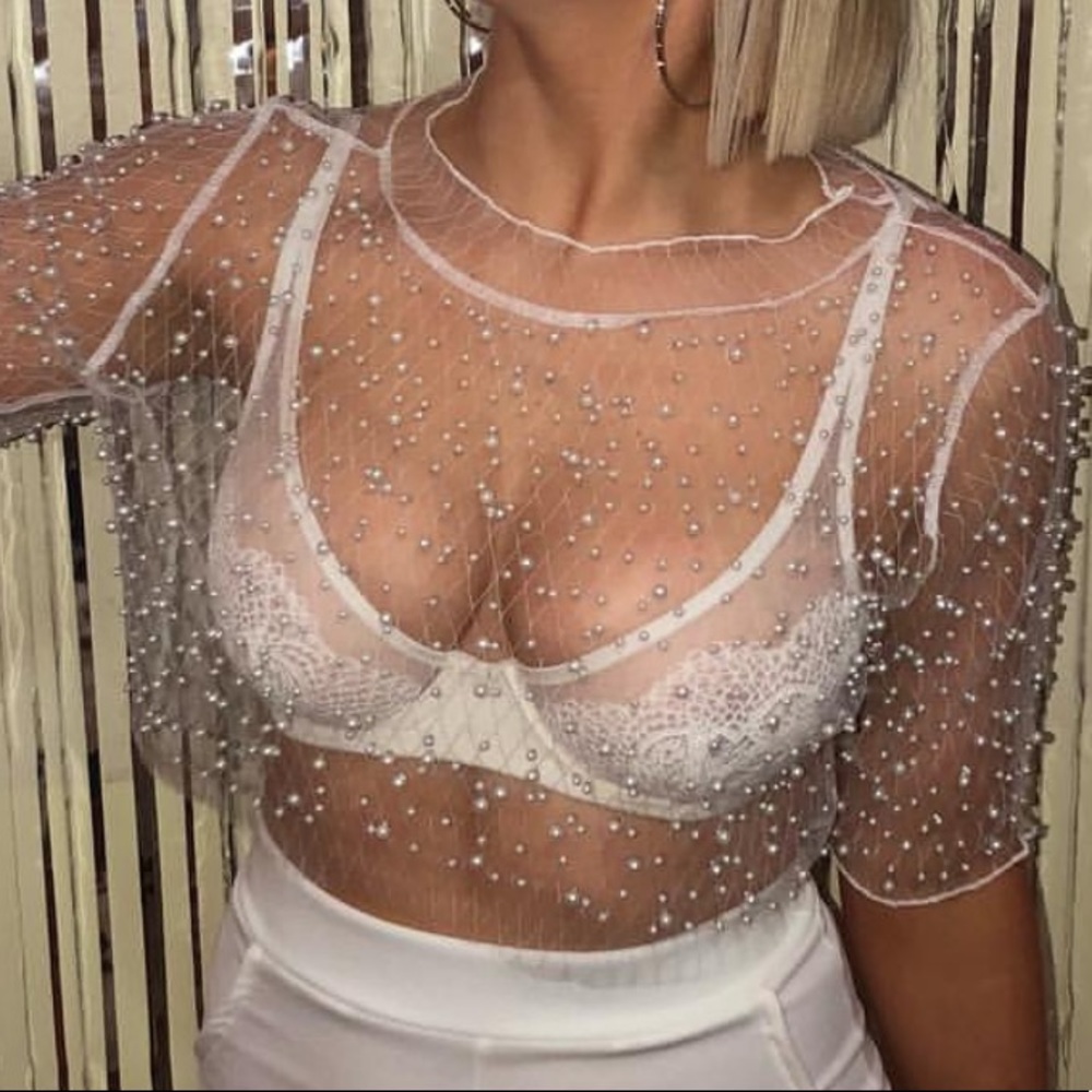 Fashion nova white beaded quarter sleeve mesh top